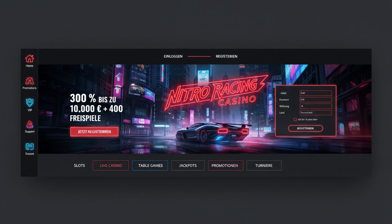 Startseite von Redracer mit Willkommensbonus und Registrierungsformular