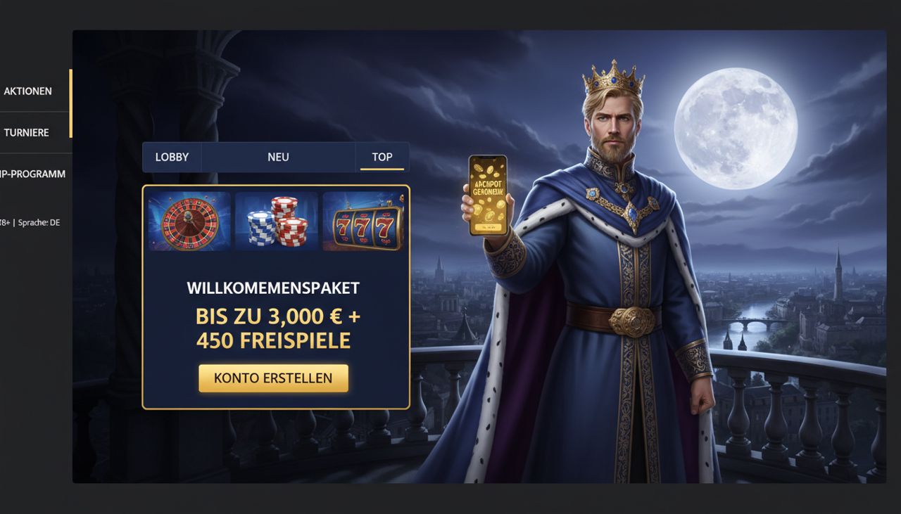 Startseite von King Billy mit Königsfigur, Spielelobby und Willkommensangebot