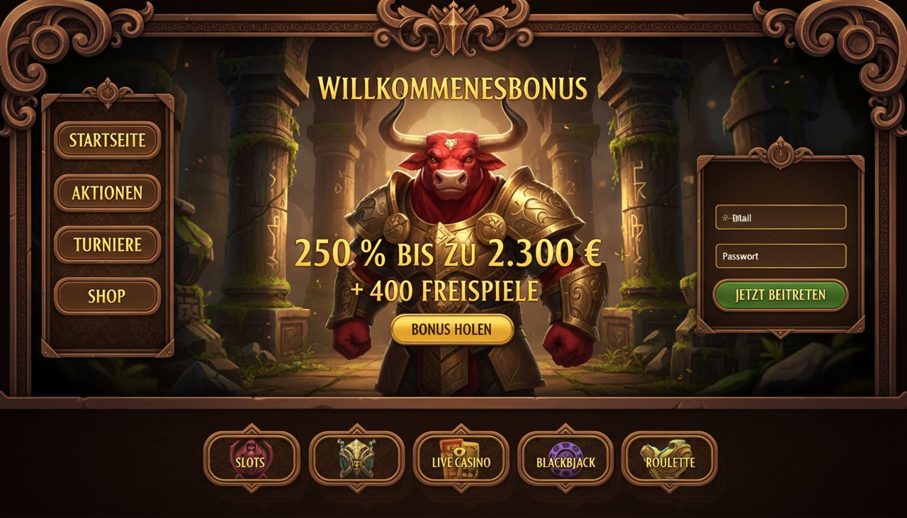 Startseite von Mino Casino mit Willkommensbonus, Menü und Anmeldeformular