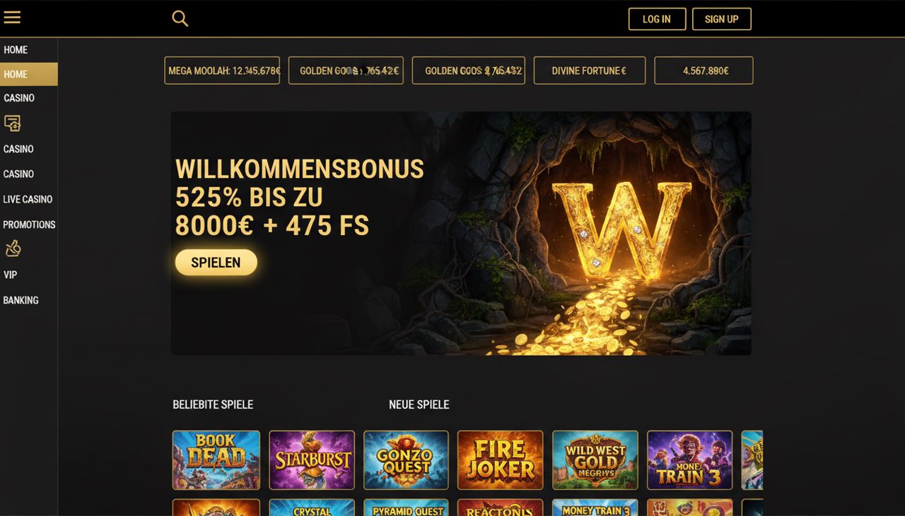 Startseite von Winhero mit Willkommensbonus und Auswahl an Slots