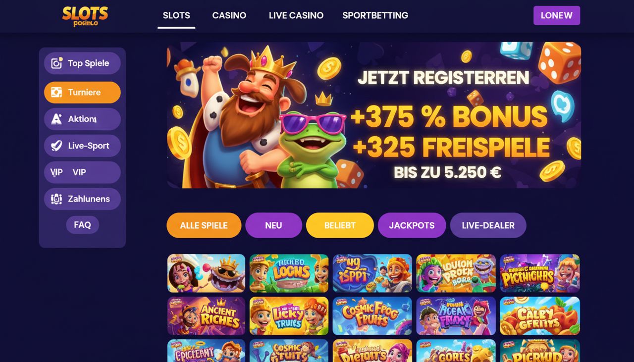 Startseite eines Online Casinos mit Bonusbanner und Spieleübersicht