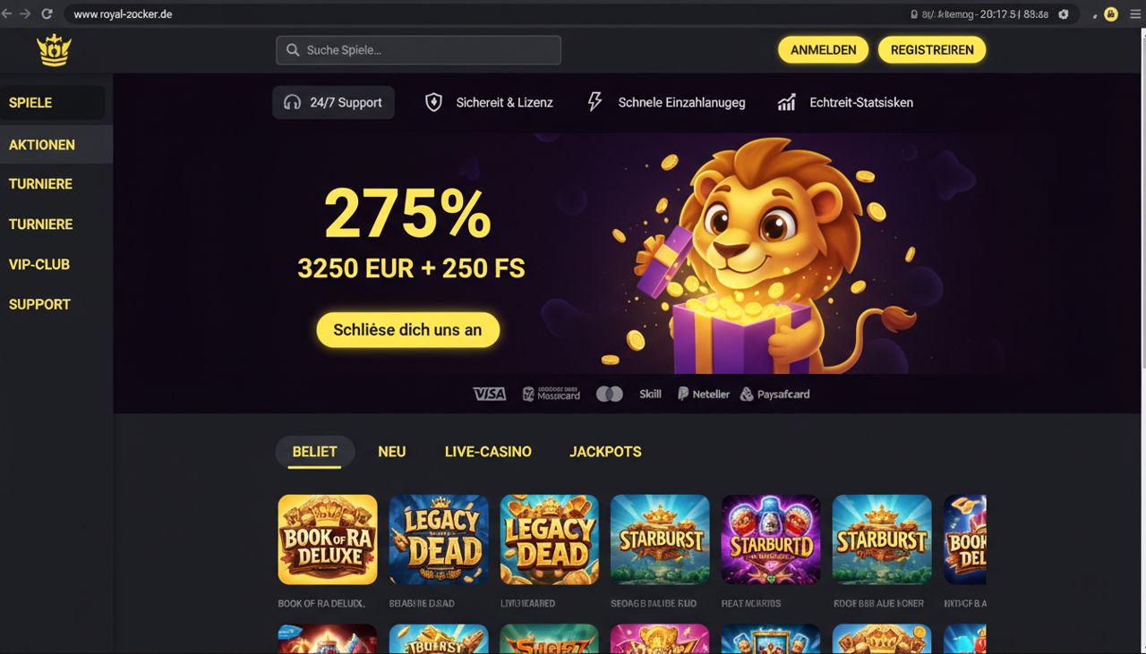 Startseite des Online Casinos Zoome mit Willkommensbonus und Spielauswahl